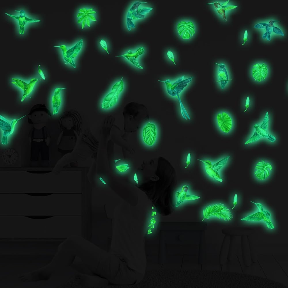 Calcomanías de flores de pájaro que brillan en la oscuridad, calcomanías de pared de naturaleza para niños y adultos, arte de pared botánico de