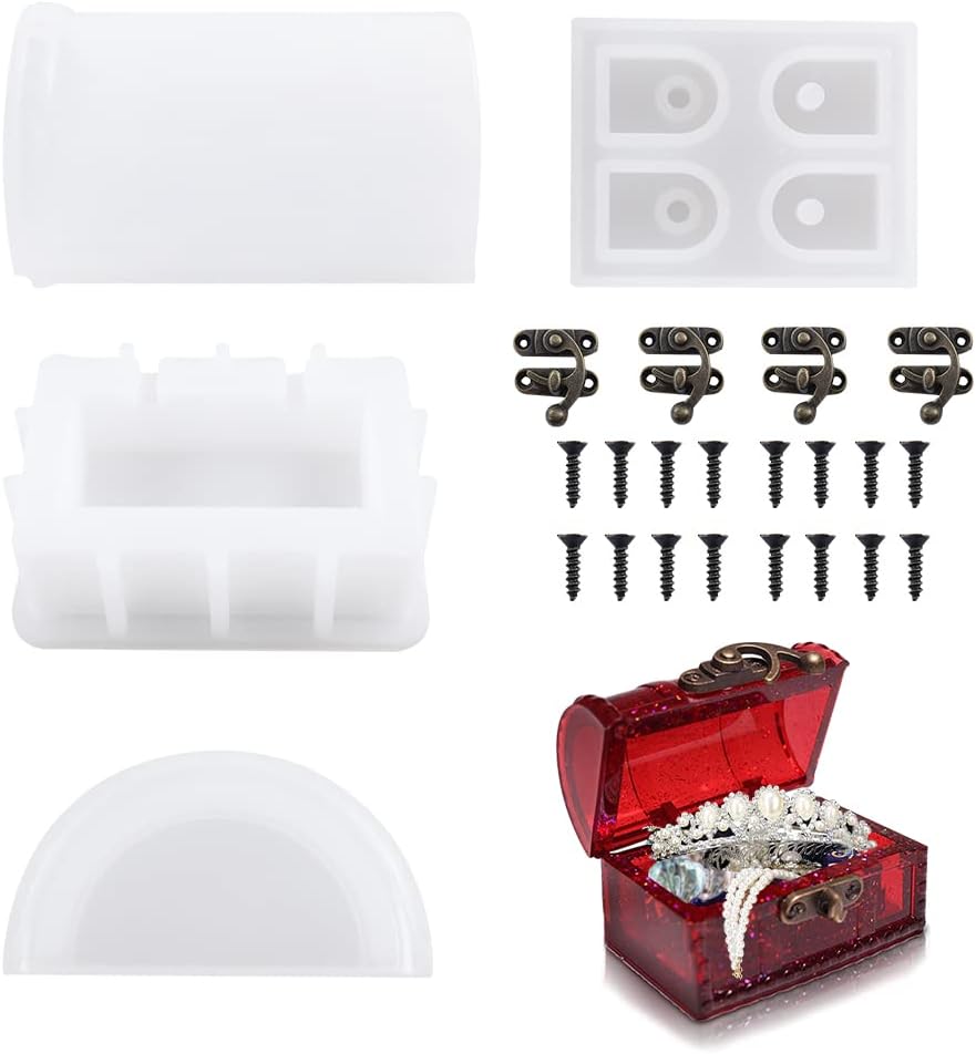 iSuperb Moldes de resina con tapa, juego de moldes de silicona para cofre del tesoro con cerradura, joyero, moldes epoxi para bricolaje, contenedor