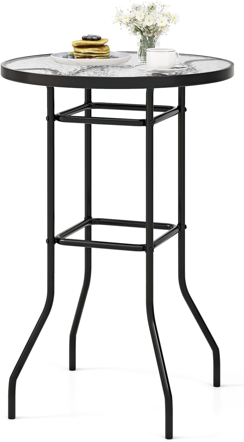 Tangkula Mesa de bar para patio, mesa redonda de altura de mostrador con mesa de vidrio templado y marco de metal resistente, mesa de cóctel al aire