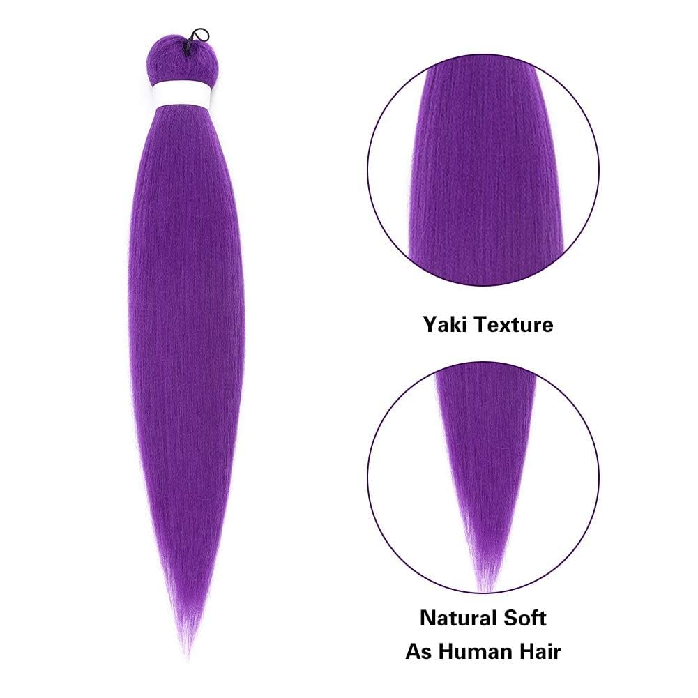 Alinyasha Cabello trenzado ignífugo preestirado morado, 3 paqueteslote, trenzas sin picazón, ajuste de agua caliente, fibra sintética, textura Yaki,