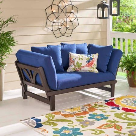 Sofá convertible al aire libre sofá cama futón asiento profundo ajustable madera muebles de patio con cojines azules