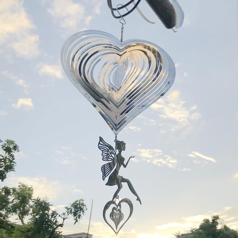 HZSprance Molinillo de viento de acero inoxidable, diseño de corazón de amor en 3D, impresionante efecto 3D, decoración de ángel colgante para