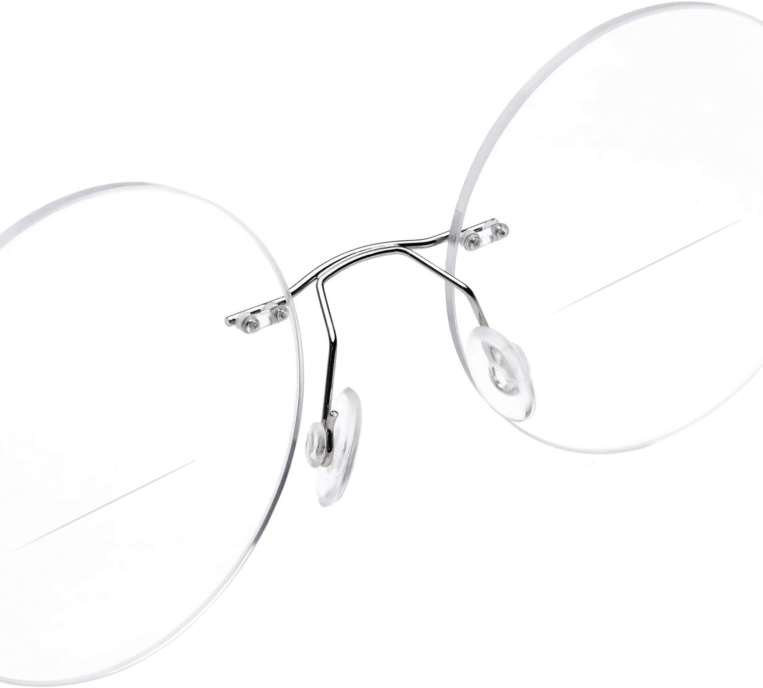 Gafas de lectura bifocales con marco redondo sin montura para hombres y mujeres, aleación de titanio, lentes ligeros para lectores, plateado