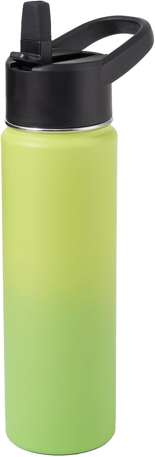 Kerilyn Botella de agua de acero inoxidable con popote y tapa de boca ancha, mango giratorio ancho, botella de agua aislada al vacío de doble pared