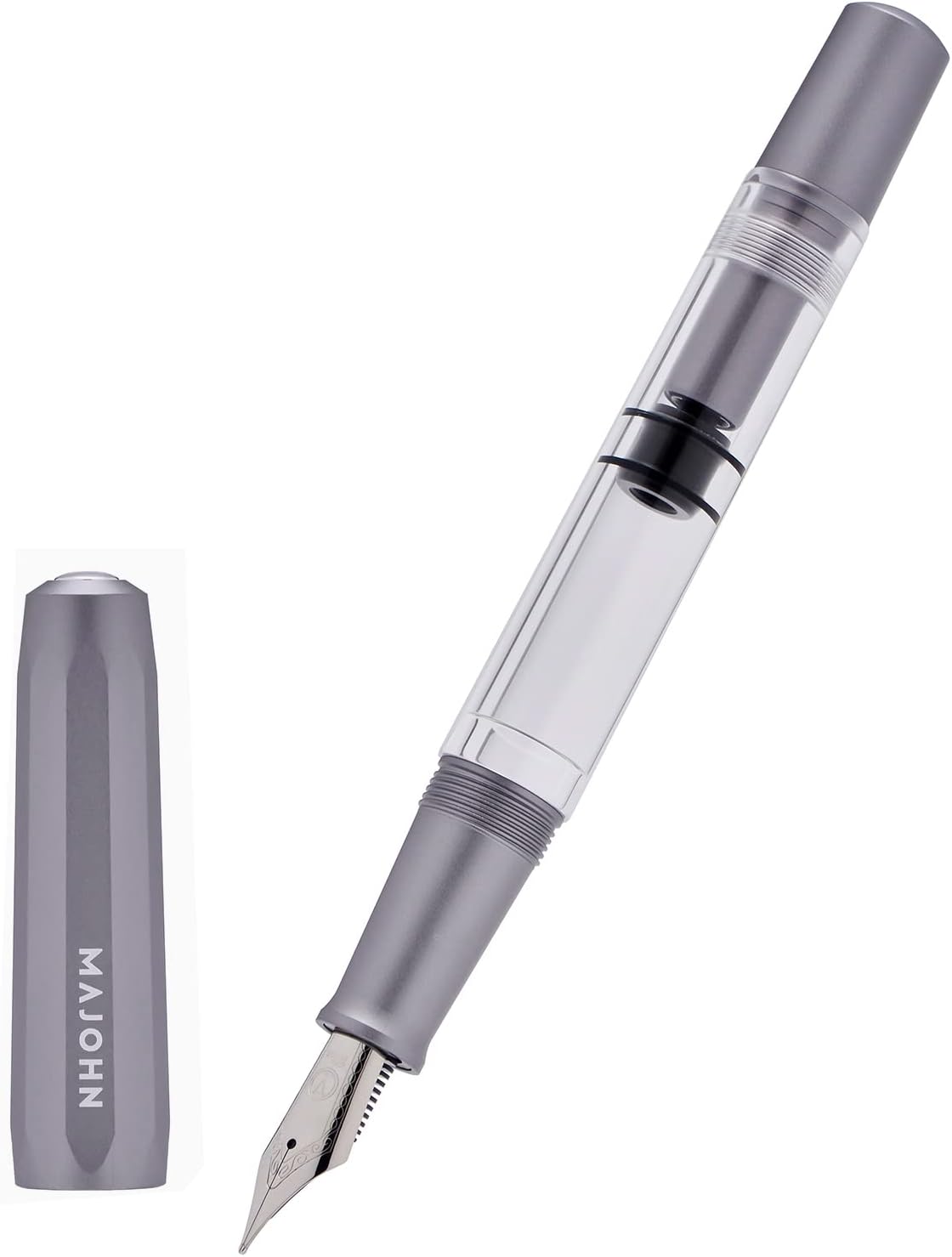 Pluma estilográfica de pistón T1, punta fina, caja de pluma de escritura de gran capacidad de tinta de acrílico transparente de aluminio gris