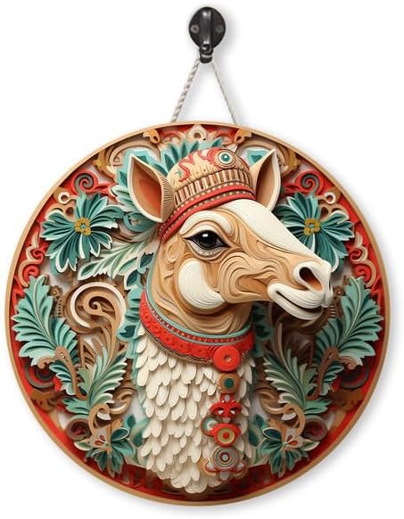 Camel With Christmas Hat Custom Wood Signs for Home Decor, Door Hanger Wood Sign, Hanging Sign Wall