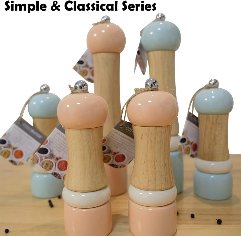 CASASUNCO Juego clásico de molino de sal y pimienta de madera, salero y pimienta, elegante molinillo de pimienta, rotador de cerámica, recargable,