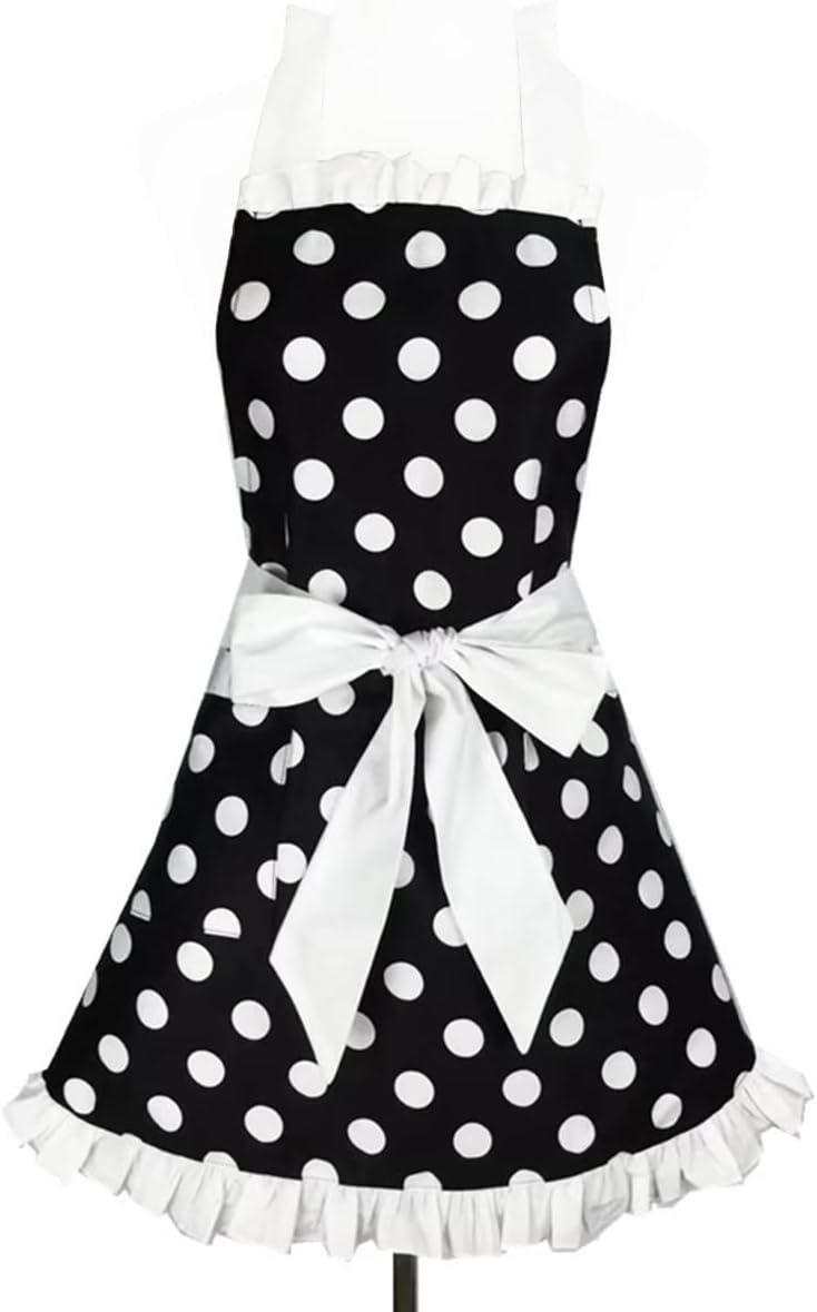 Hyzrz Lindo delantal retro negro con lunares retro con volantes laterales, delantales de cocina vintage con bolsillos para mujeres y niñas (lado
