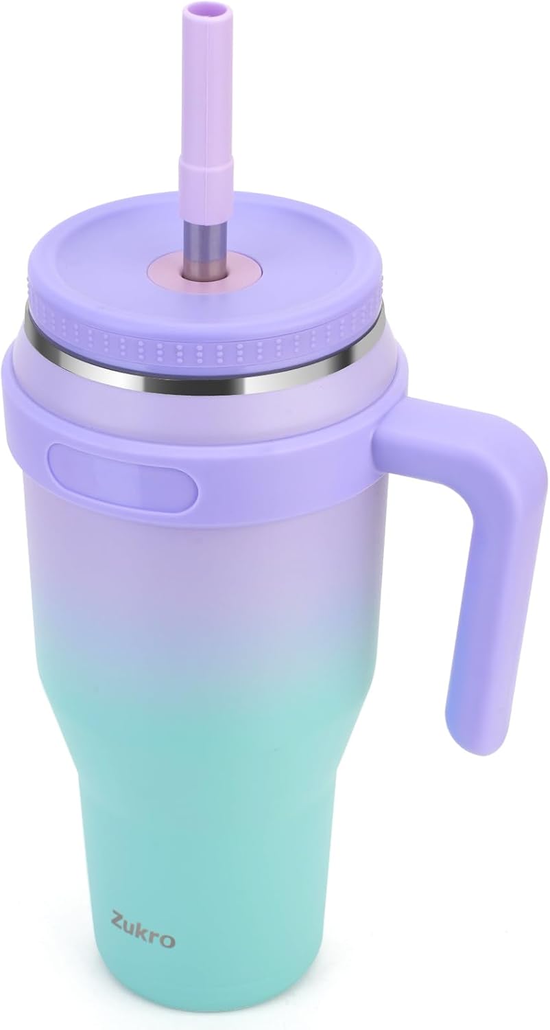 Vaso de 40 onzas con asa y tapa con popote, taza de viaje de acero inoxidable aislada al vacío con tapa de tornillo para colocar en el soporte para