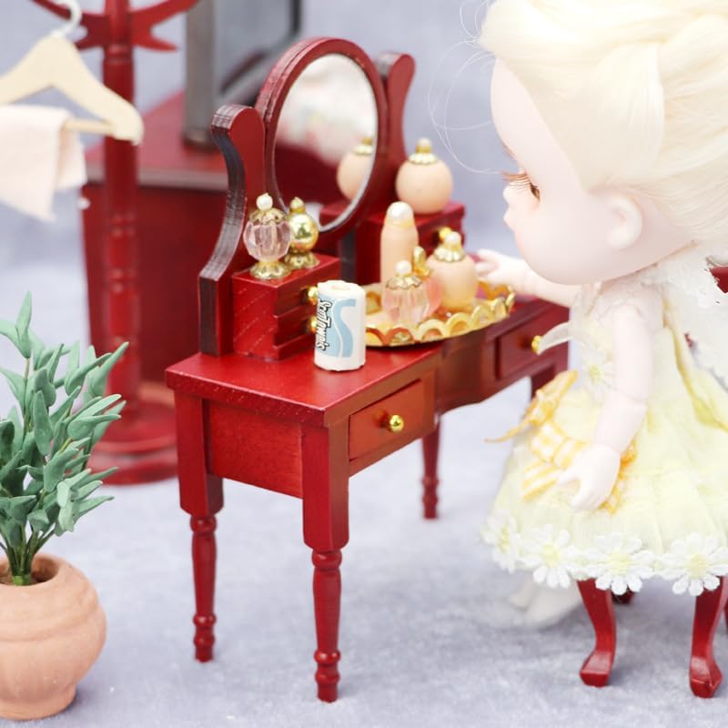 AirAds casa de muñecas a escala 112, muebles en miniatura, taburete rojo con espejo de tocador, juego de 2