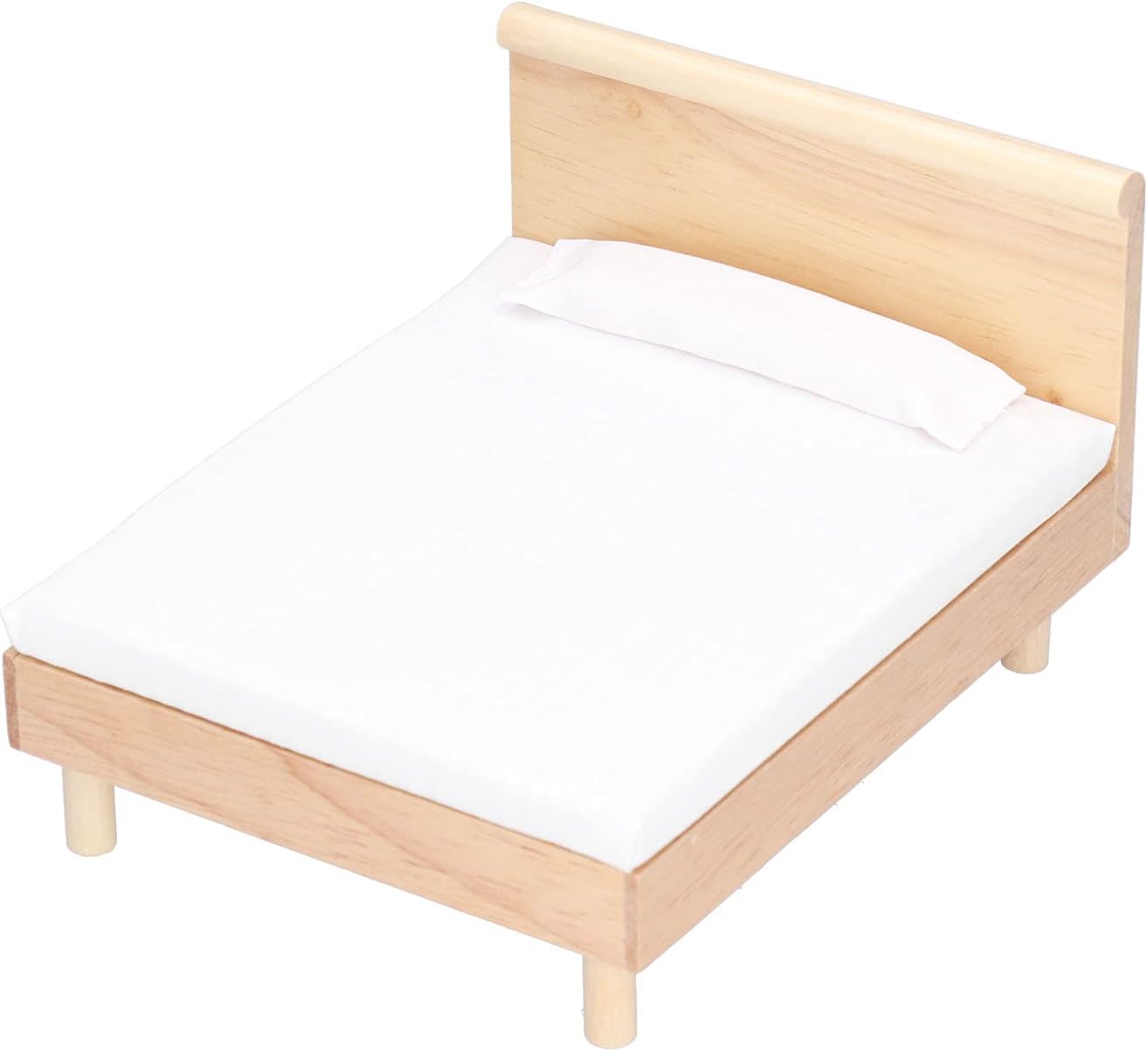 Cama doble para casa de muñecas, marco de madera, muebles en miniatura de roble, accesorios de decoración de casa de muñecas con almohada decorativa