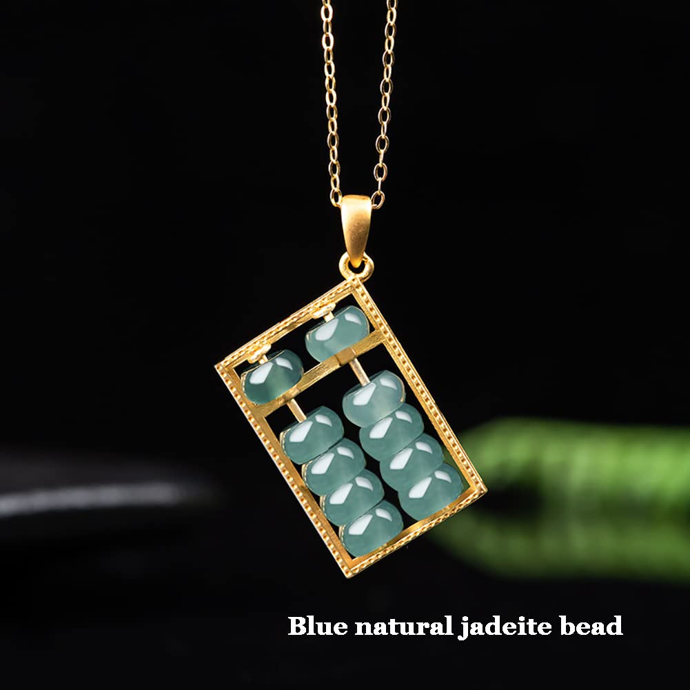 FitJinZun Chinese Natural Blue Jadeite Necklace for Women, Genuine Square Abacus Pendant with Bead, Good Luck Jewelry Fortune Gift for Her, 18inches