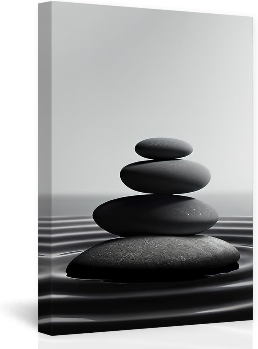 DOARTDO Lienzo de piedra zen para pared, diseño de piedras de spa en blanco y negro, marco moderno de meditación espiritual, decoración de baño