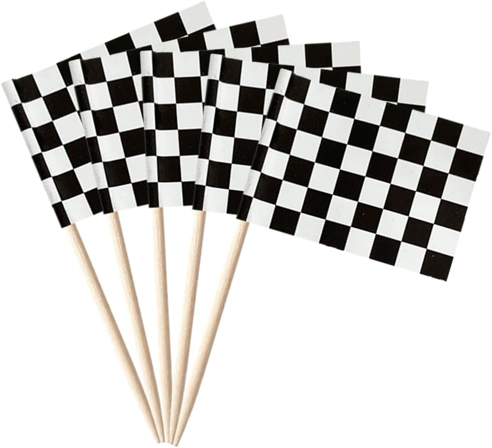 100 banderas a cuadros en blanco y negro para carreras, mini adornos pequeños para cupcakes, banderas, banderines para fiesta, cóctel, decoración de