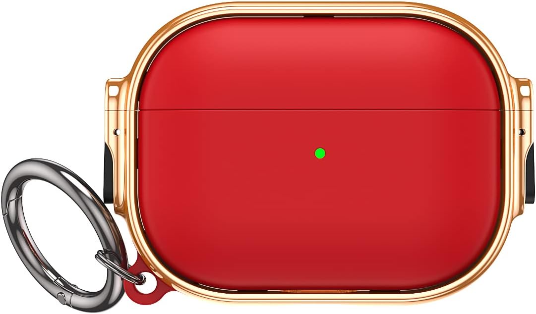 MiRUSI Funda para Airpods Pro de 2 generación con doble interruptor chapado en piel con mosquetón que absorbe los golpes (rojo)