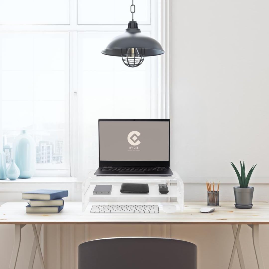BY CEL Soporte de monitor acrílico prémium para escritorio, soporte transparente de 2 niveles para computadora portátil de 16 pulgadas, soporte
