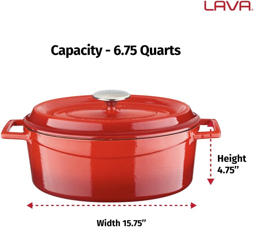 LAVA – Horno holandés de hierro fundido de 6.75 cuartos de galón olla holandesa de forma ovalada multiusos con tres capas de esmalte recubiertas con