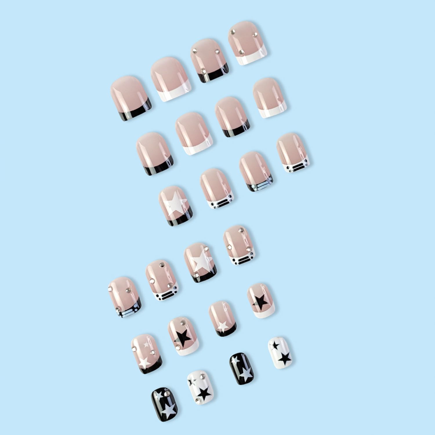 Uñas postizas a presión con punta francesa, uñas postizas cuadradas cortas con diamantes de imitación de estrellas blancas y negras, uñas postizas