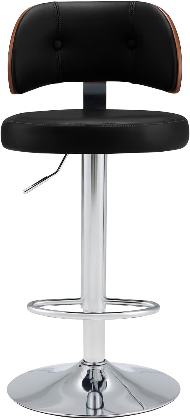 RêveLife Taburete de bar giratorio tapizado de piel sintética, taburete ajustable de altura de mostrador, silla de bar moderna de madera curvada con