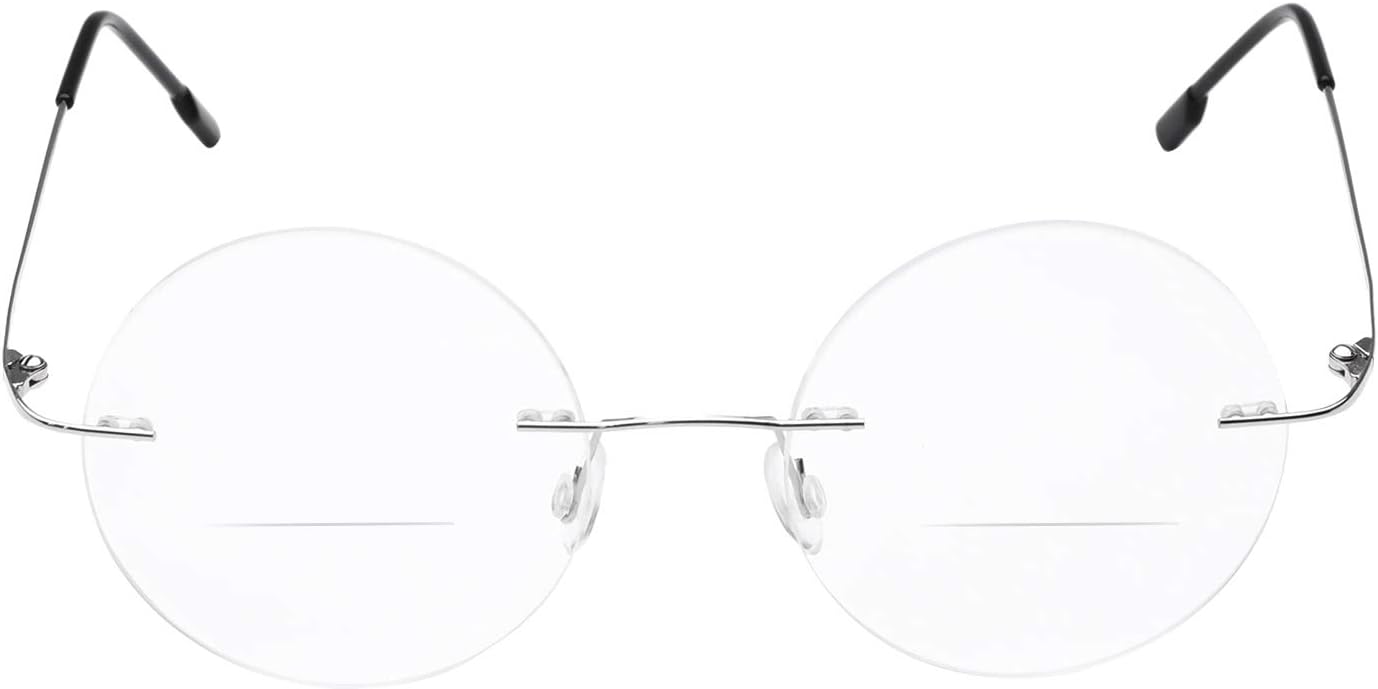 Gafas de lectura bifocales con marco redondo sin montura para hombres y mujeres, aleación de titanio, lentes ligeros para lectores, plateado