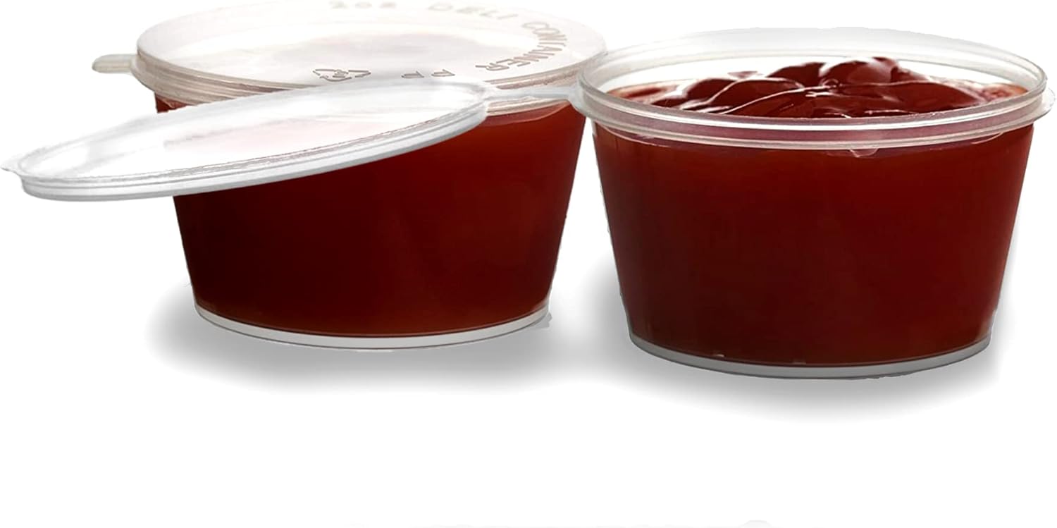 Vasos para porciones a prueba de fugas de 4.5 onzas con tapas, recipientes de plástico para soufflé de condimentos con tapa con bisagras adjunta,