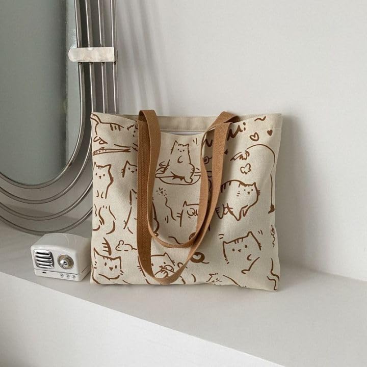Bonita bolsa de lona con diseño de gato con cremallera, reutilizable, bolsa de compras para mujeres