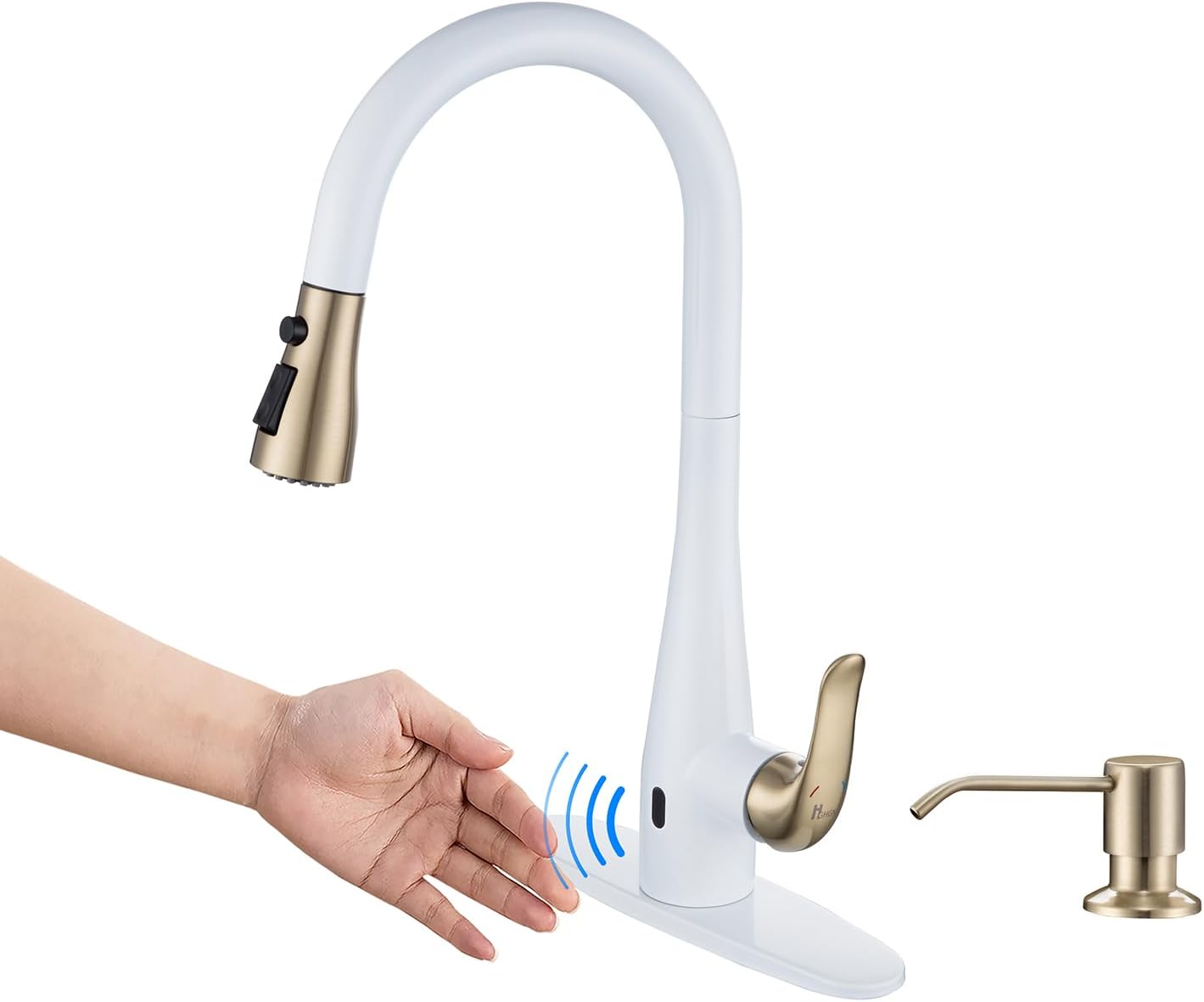 HGHGK Grifo de cocina sin contacto con dispensador de jabón y rociador extraíble, grifo de fregadero de cocina con sensor de una sola manija, diseño