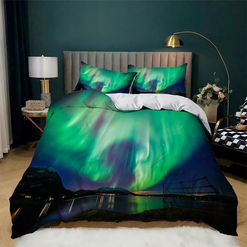 Dark Blue Aurora Twin Duvet Cover Landscape Print Twin Bedding Sets Soft Microfiber Comforter Cover and 2 Pillow Shams 20″X26″, Bed Set Duvet Covers