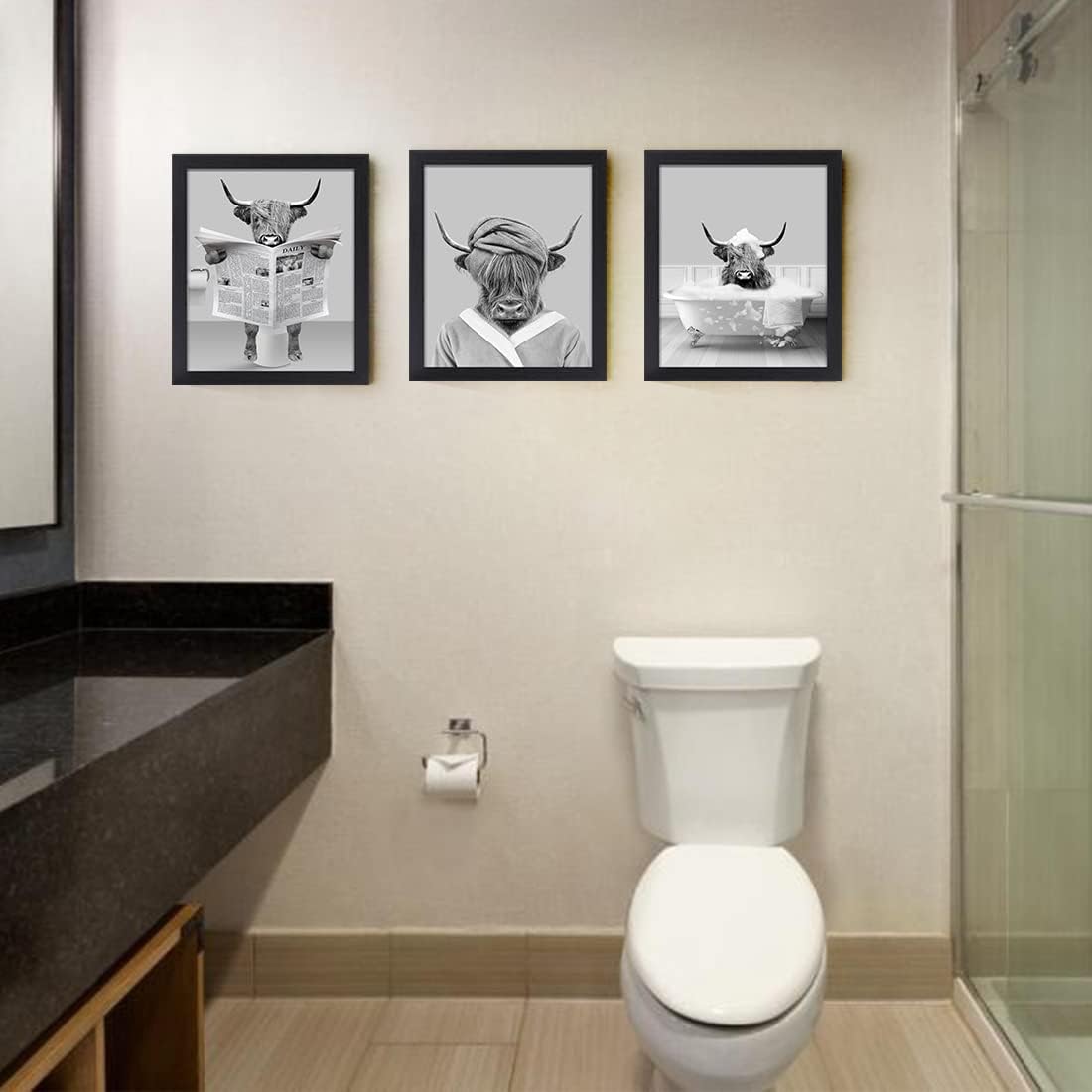 Gardenia Art Divertida decoración de vaca de las tierras altas en blanco y negro, arte de pared de granja, decoración de baño, póster vintage de