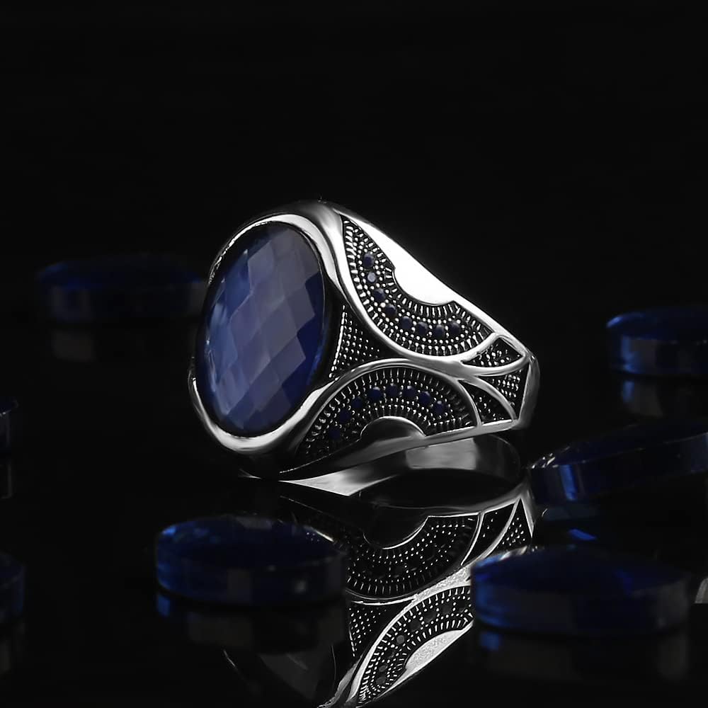 925 Sterling Silver Men Silver Ring with Sapphire GemStone, Handmade Engraved Silver Ring, Gift for him, Minimalist Silver Ring (10)