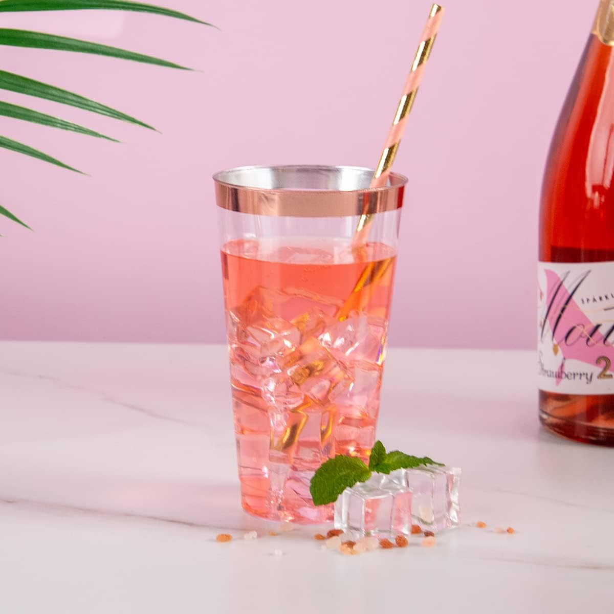 LIYH – 100 vasos de plástico de oro rosa, vasos de plástico con borde de oro rosa de 16 onzas, elegantes tazas de boda de plástico transparente,
