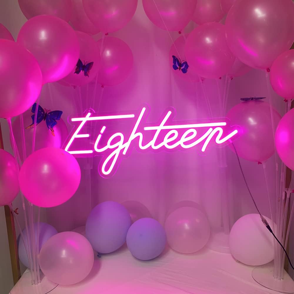 Luz de neón para fiesta de cumpleaños de 21 x 9 pulgadas, letrero de neón de color rosa número 18, luz LED flexible de silicona con fondo