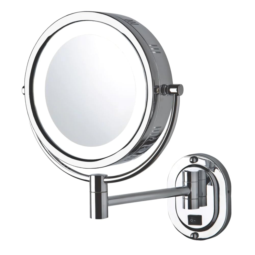 JERDON Espejo de maquillaje de pared iluminado de dos caras – Espejo de maquillaje con aumento 5X y brazo de montaje en pared – Espejo de 8 pulgadas