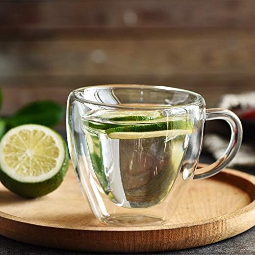 Juego de 2 tazas de café con forma de corazón de vidrio de doble pared aisladas con mango cerrado, resistente al calor, perfecto para mantener tu