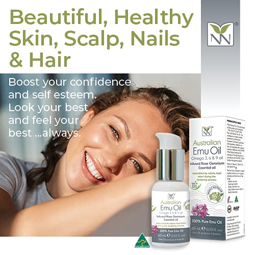 Y-Not Natural – Aceite de emú orgánico farmacéutico 100% puro, 2.0 fl oz, aceite aborigen Omega 3, 6 y 9 de corral libre infundido con geranio rosa
