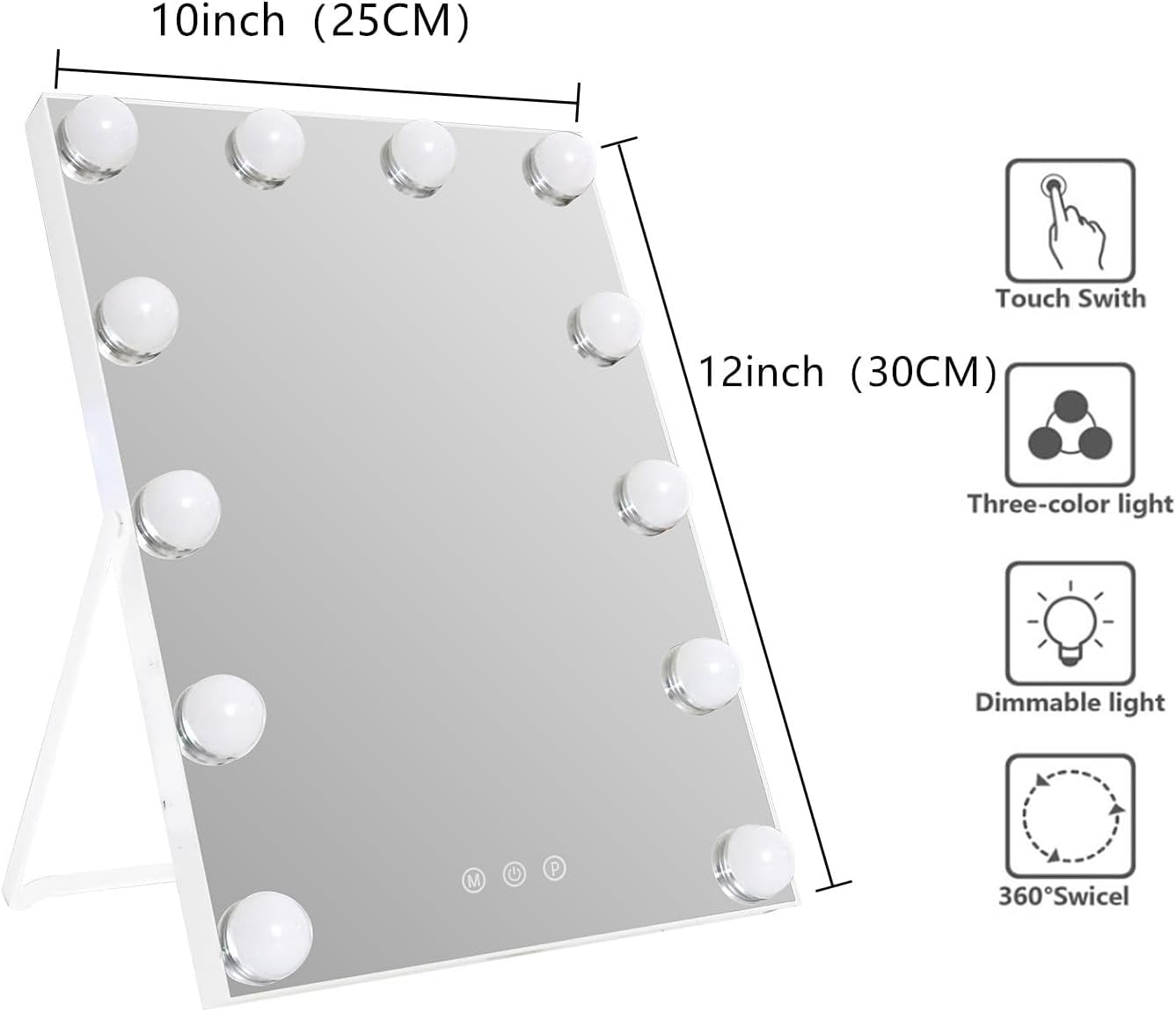 Kucitup Espejo de tocador de 10 x 12 pulgadas con luces, espejo de maquillaje iluminado Hollywood con 3 modos de color y 12 bombillas LED de