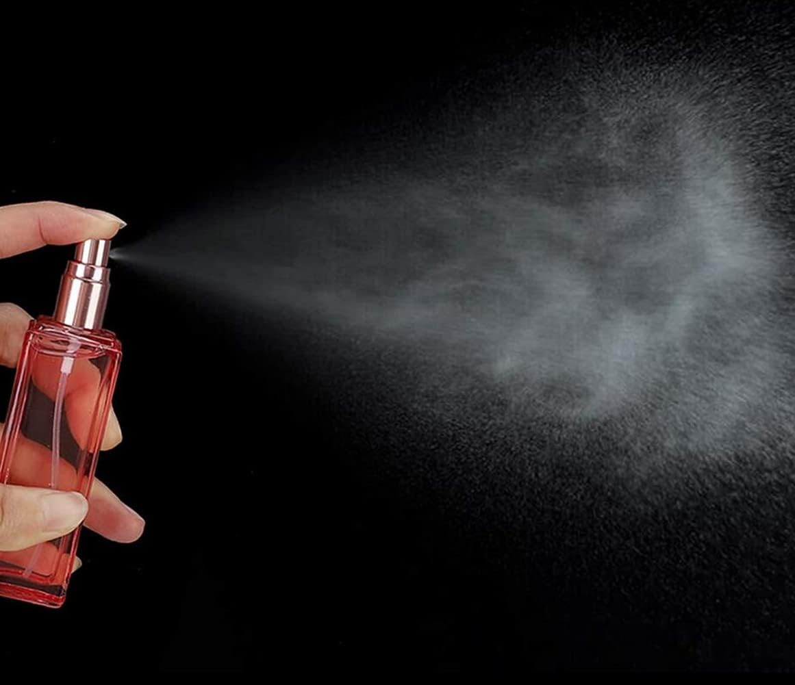 Botellas de perfume de vidrio de 0.7 onzas líquidas, botellas vacías de perfume en aerosol rosa con tapa de oro rosa, recargable, portátil,