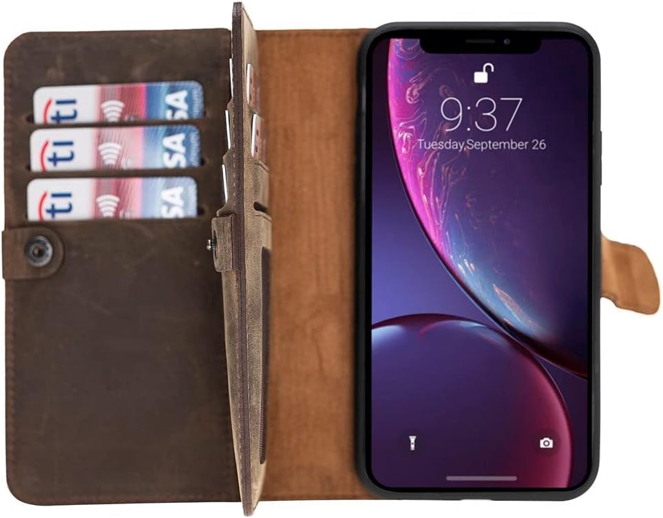 Funda de piel auténtica de alta calidad hecha a mano para iPhone 11 Pro Max de 6.5 pulgadas, tarjetero doble, funda magnética desmontable, función