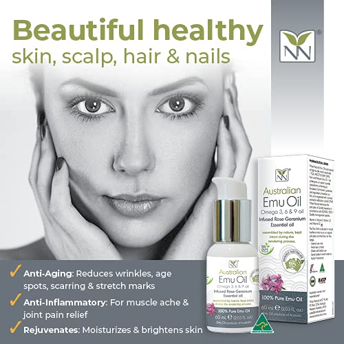 Y-Not Natural – Aceite de emú orgánico farmacéutico 100% puro, 2.0 fl oz, aceite aborigen Omega 3, 6 y 9 de corral libre infundido con geranio rosa