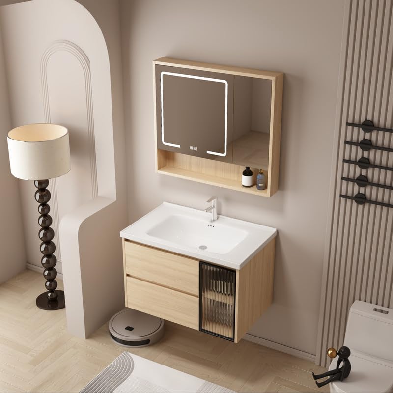 Tocador de baño de 32 pulgadas montado en la pared, tocador de baño con fregadero de cerámica, tocador de baño moderno con 2 cajones de cierre