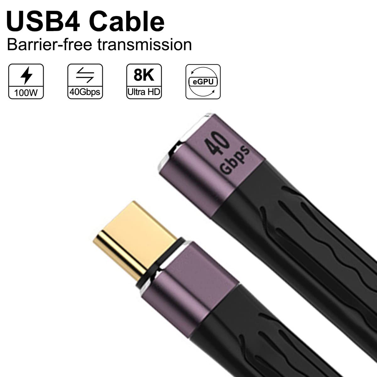 CY Cable de extensión USB4 macho a hembra de 5.1 in delgado plano macho toF 40 Gbps con carga de 100 W y 8 K a 60 Hz