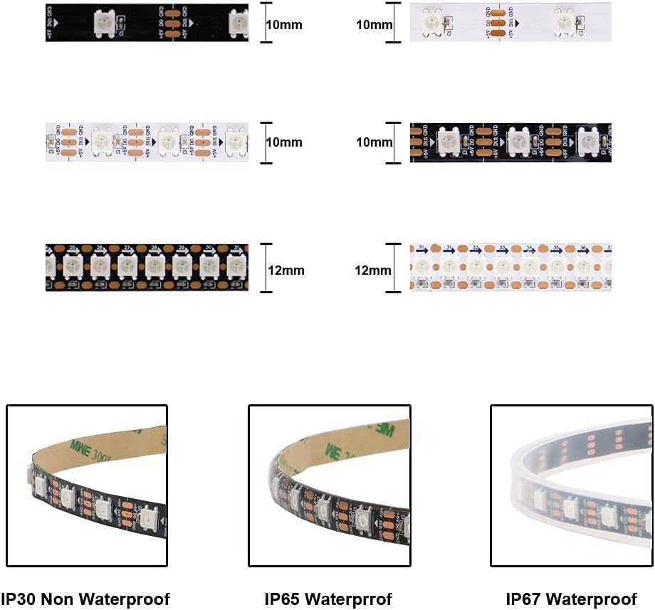 WS2812B Tira de LED RGB direccionable individualmente de 16.4 pies 5050SMD Smart Flexible Dream a todo color 60Pixelsm Luz PCB negra IP67