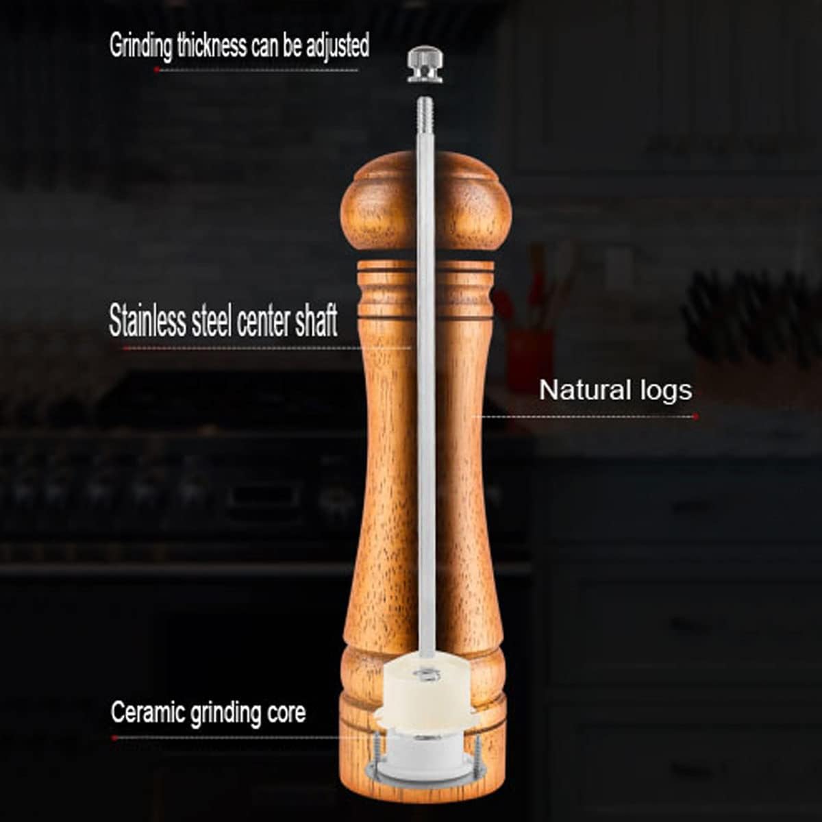 BINHAI Molinillo de pimienta de madera, molinillo de pimienta, molinillos manuales sólidos con molinillos de cerámica ajustables fuertes, juego de 8