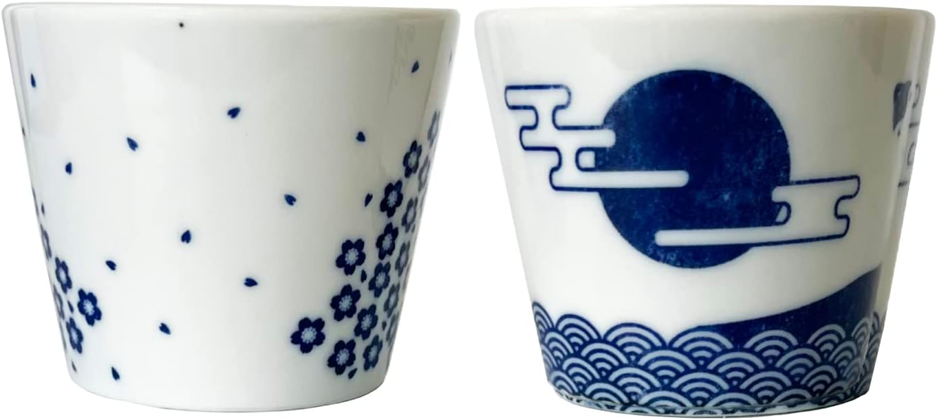 Juego de 2 tazas de sake japonesas – Sakura y Monte Fuji Design, cerámica de color índigo, 3.9 onzas líquidas, para bebidas frías y calientes, taza