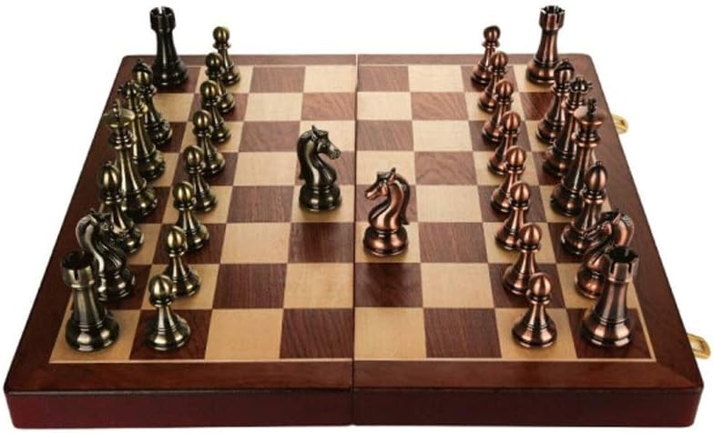 ROLTIN Juego de caja de regalo de ajedrez de metal y bronce, tablero plegable especial para juego, juegos de ajedrez de entrenamiento diario