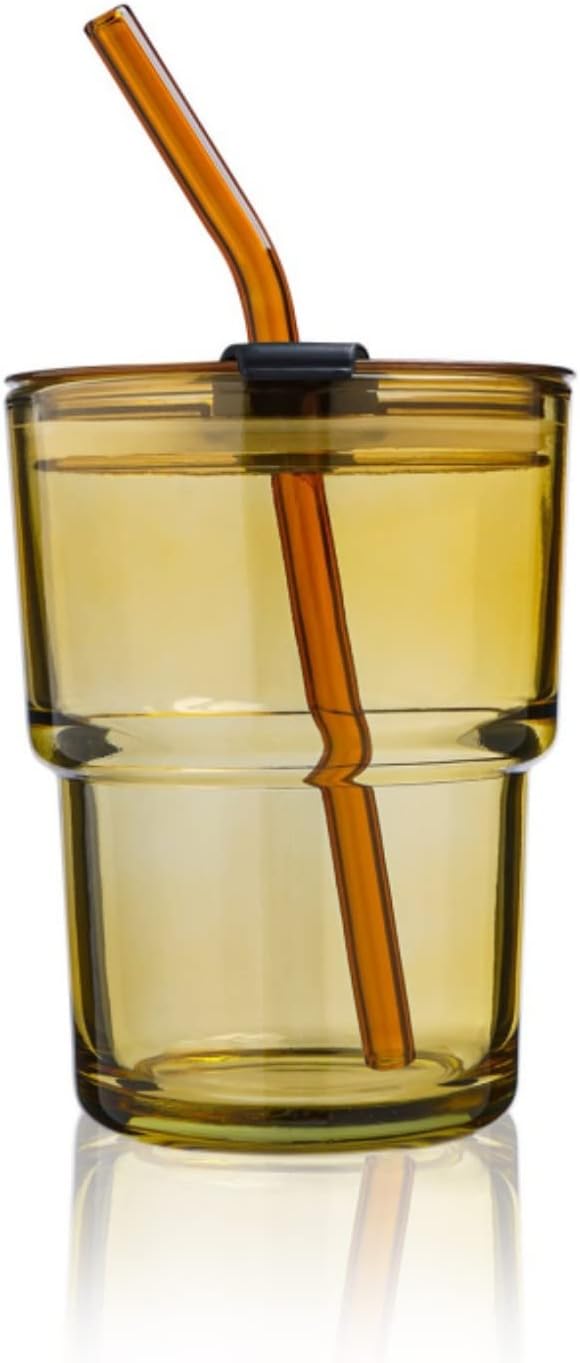 Vaso de café helado de 13 oz13.5 fl oz con popote y tapa sellada de transporte, taza de vidrio de pared gruesa para agua, taza de té (ámbar)