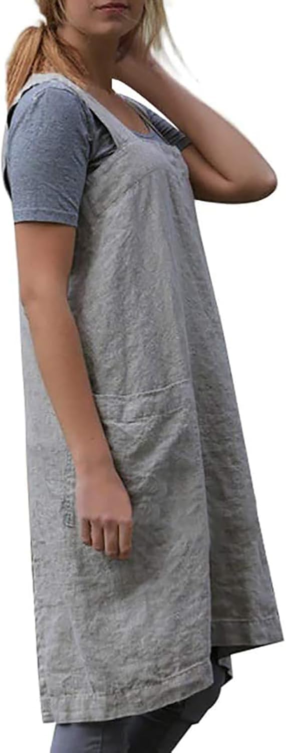 Delantal Pinafore con espalda cruzada con bolsillos, delantal de lino y algodón, talla grande