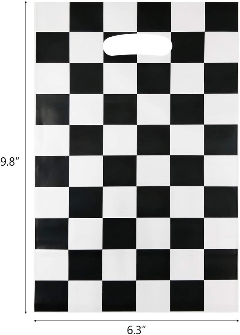 CODOHI Bolsa de regalos de fiesta de coche de carreras, 50 bolsas de dulces a cuadros en blanco y negro de plástico para carreras, bolsas de regalo