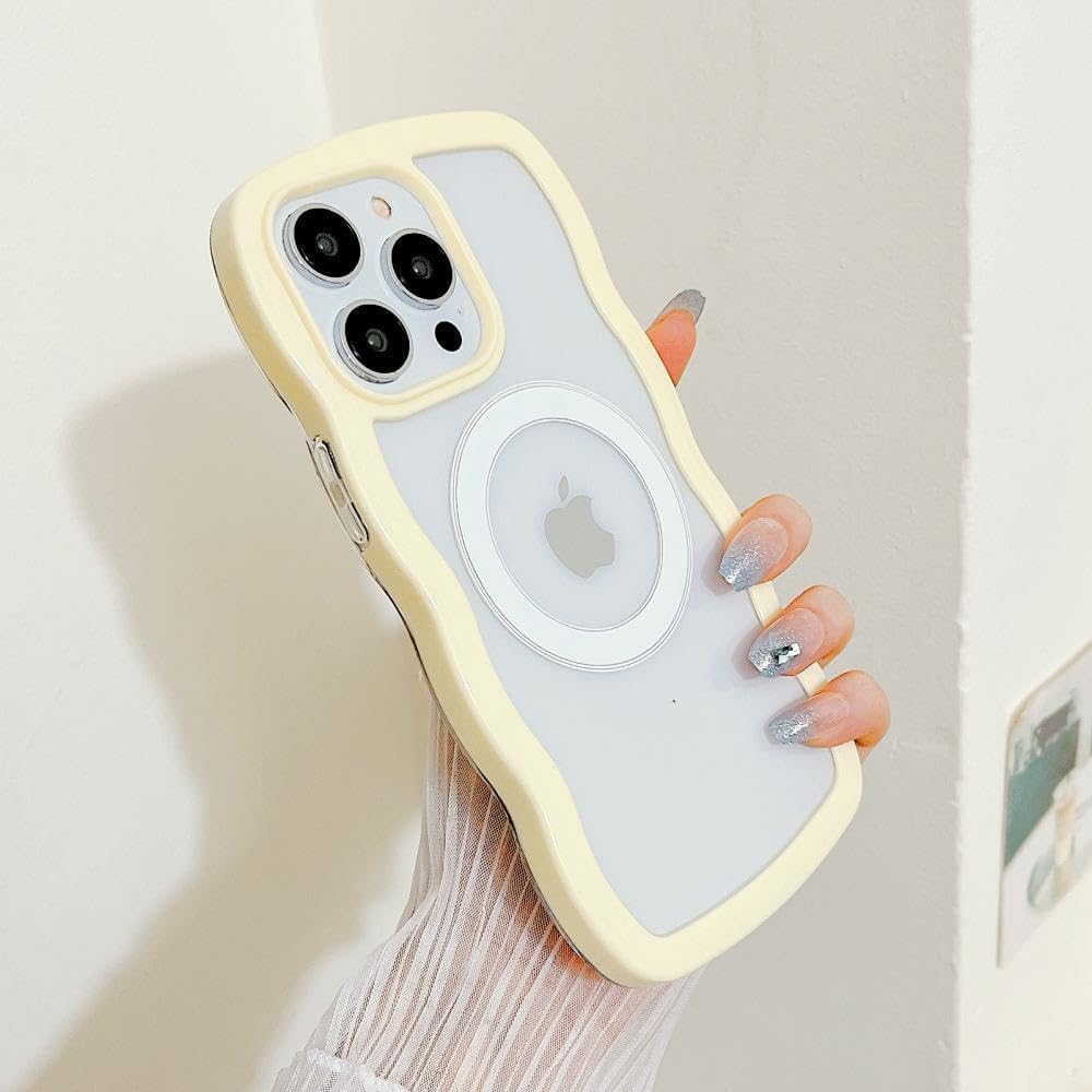 MINSCOSE Funda magnética para iPhone 15 compatible con Magsafe, bonito marco ondulado rizado con diseños de moda transparentes, TPU suave a prueba