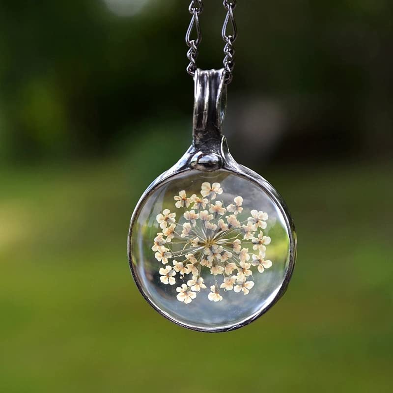 White Wildflower Necklace for Women Real Pressed Flower Queen Anne’s Lace Glass Pendant Birthday 13th Wedding Anniversary Gift Artisan Crafted by